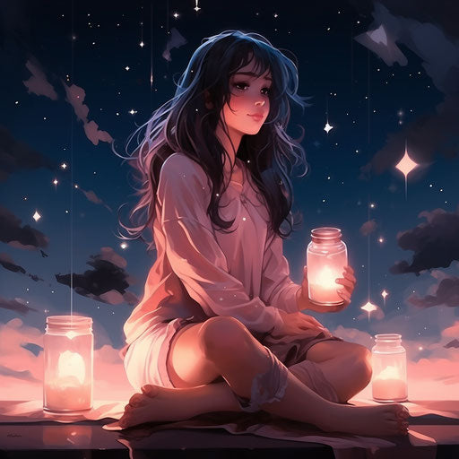 Magical stars in a pink cup with hands on knees