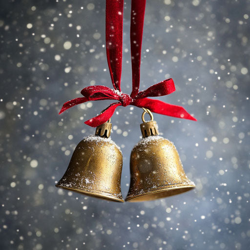 Antique brass Christmas bells tied with red velvet ribbon