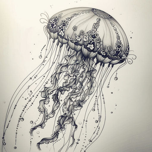 Delicate jellyfish tattoo with lace on white background