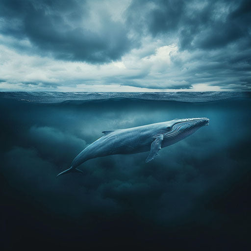 Blue whale swimming near surface with sky and sea blending