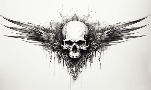Skull with wings, ink drawing, mythology-inspired style