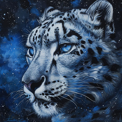 The snow leopard with eyes that hold the universe, gazing into the soul of the beholder