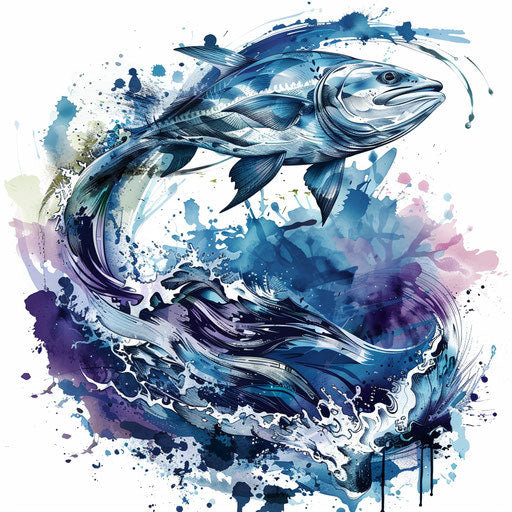 Illustration of an ocean fishing scene with a deep sea fish styled as an abstract tattoo on a white background