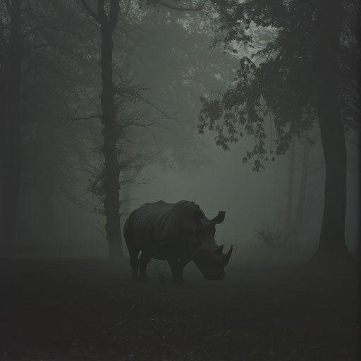 Rhino in a misty forest, Vincent Munier style