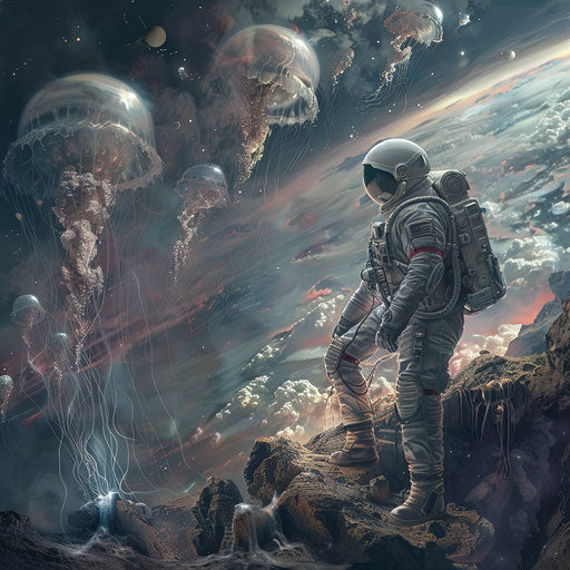 Astronaut discovering extraterrestrial jellyfish-like creatures on a distant planet