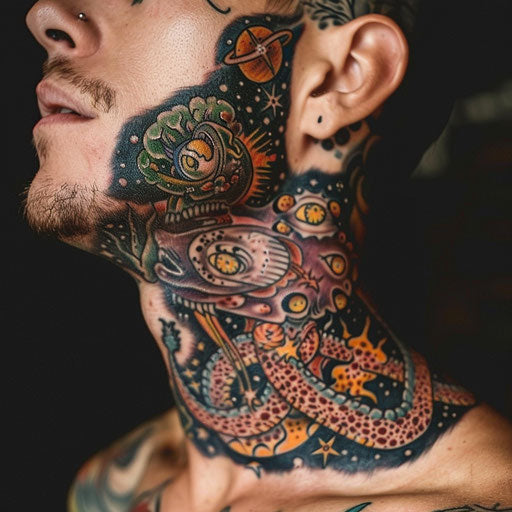 Neck tattoo for men with cosmic and celestial themes