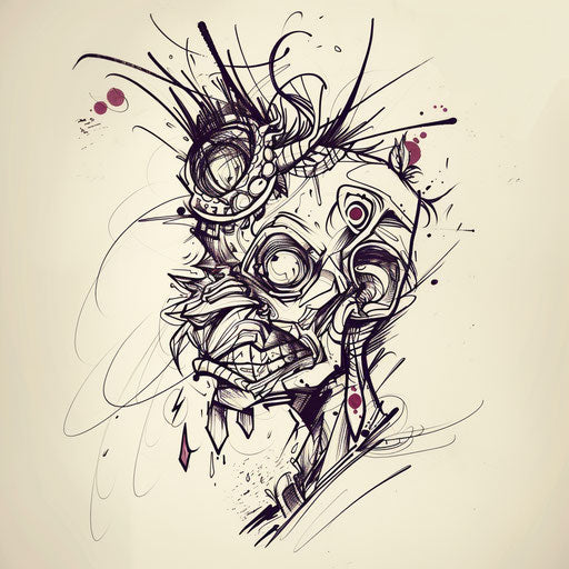 Dynamic tattoo sketch of a shrunken head