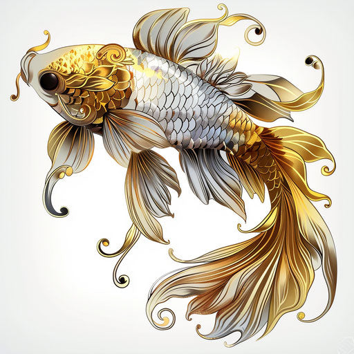 Graphic rendering of a golden fish tattoo design, with luxurious gold leaf details and elegant curves, on a white background