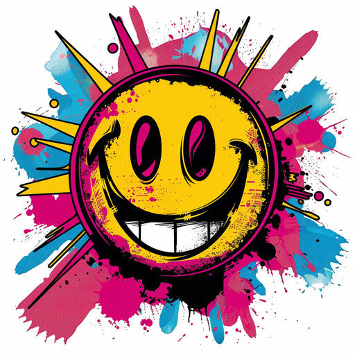 Retro pop art style smiley face tattoo illustration, vivid colors, on white