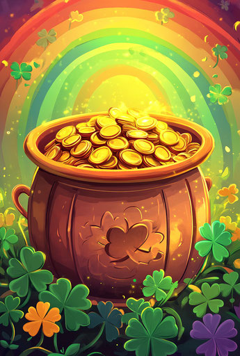Rainbow treasure surrounded by clovers and shamrocks