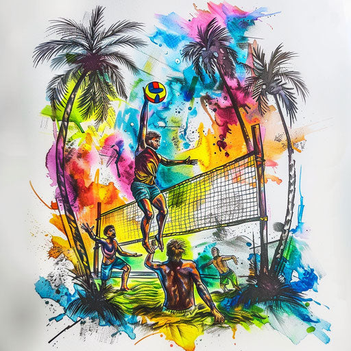 Dynamic beach volleyball scene on white background