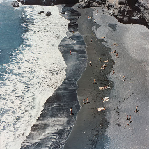 Black sand beach with families enjoying the sun and sea