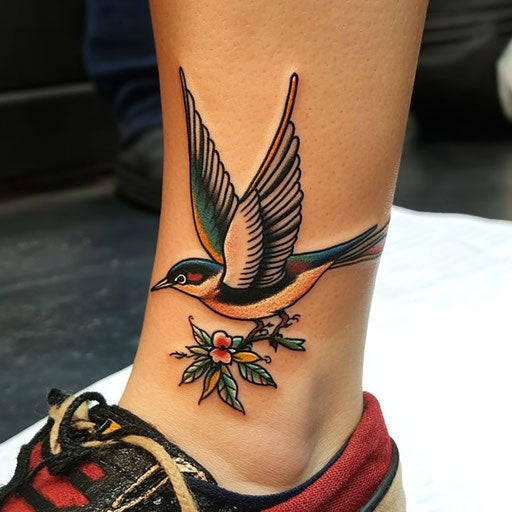 Ankle tattoos for women with a traditional swallow in flight, in the style of Sailor Jerry