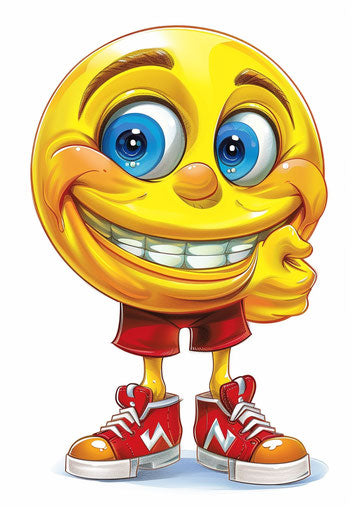 Yellow smiling face contemplating with red shoes