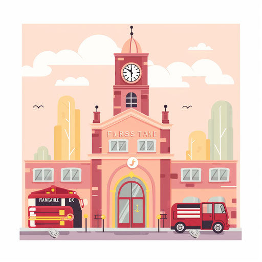 Pastel-colored fire station illustration