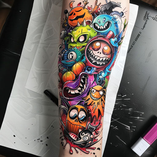 Whimsical flat tattoo sketch for 13 tattoo with cartoon characters in bright colors