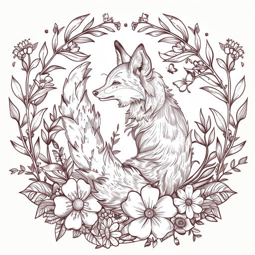Whimsical fox surrounded by flowers and leaves. Coloring book page
