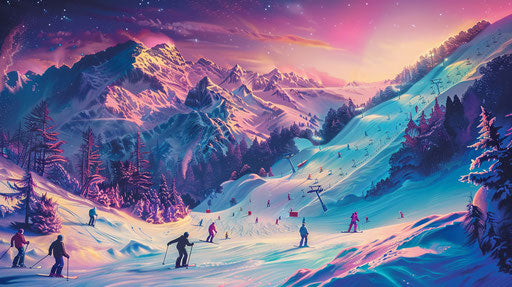 Vintage 80's ski resort poster for party with skiers