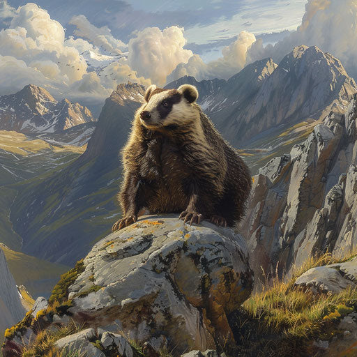 Badger in front of rugged, expansive, and majestic mountains, in the style of Marsel van Oosten