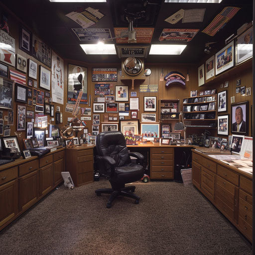 Sports agent office with memorabilia and contracts
