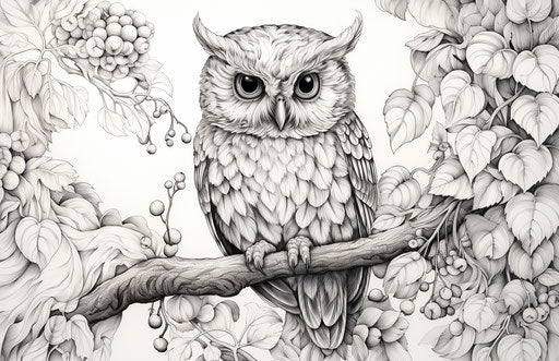 Owl on branch, coloring pages, thick texture style