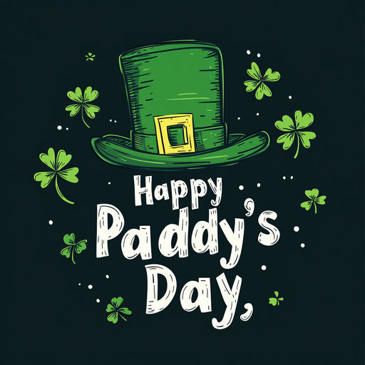 St. Patrick's Day: cute and simple logo 'Happy St. Paddy's Day' with green hat and clovers on solid background