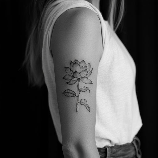 Small arm tattoos with a delicate lotus flower, in the style of Guy Aitchison