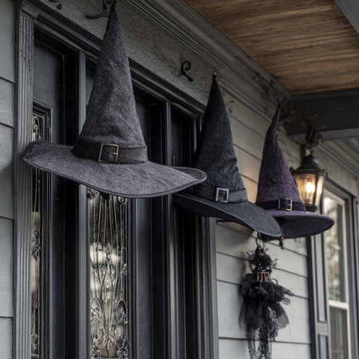 A welcoming scene with witch hats and dark decorations
