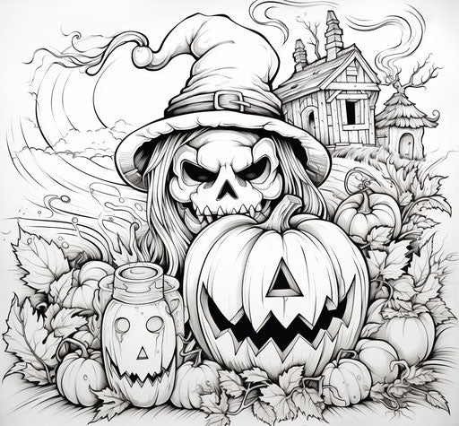 Printable Halloween coloring pages, featuring playful line use, pictorial, magic realism, stencils 29:27