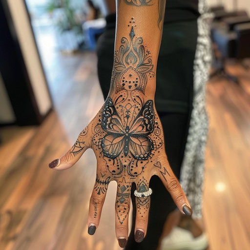 Butterfly tribal hand tattoo, Ami James style