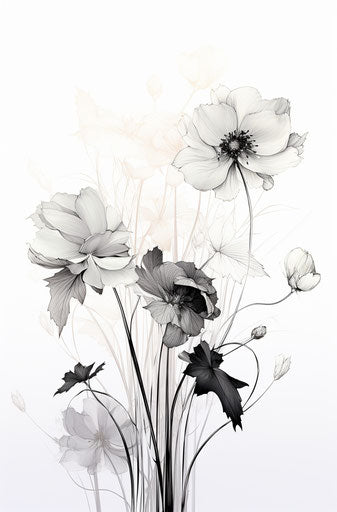 Black and white drawing of flowers, harsh graphic lines, delicate