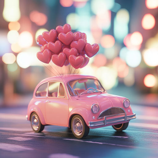 Pink vintage car with heart-shaped balloons