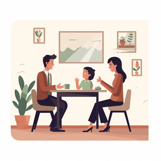 Parent-teacher conference in minimalist style on white