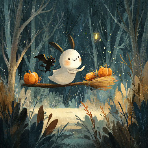 Joyful Flight of a Ghost and Bat Through a Magical Forest
