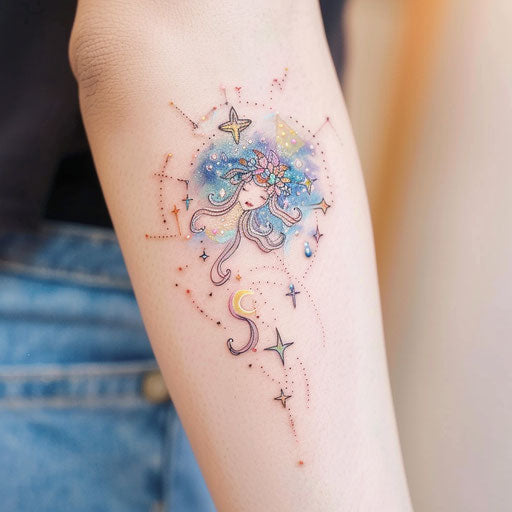 Tattoo sketch of Gemini constellation with magical motifs and pastel fairy tale colors