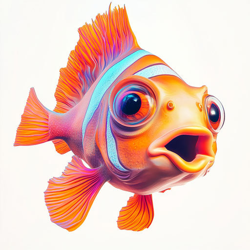 Humorous caricature of a clownfish drawing with human characteristics, exaggerated arched eyebrows, small feet, glowing, vibrant colors, cartoon style, surprised, high resolution, no background, isolated