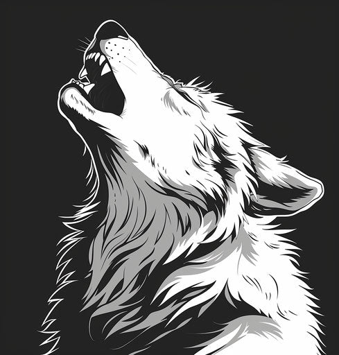 Howling wolf in black-and-white graphic style