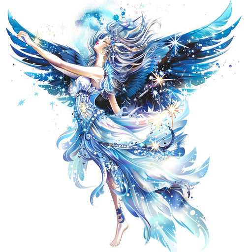 Celestial guardian angel tattoo with stars and cosmic elements