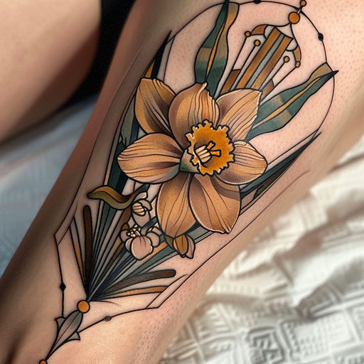 Art deco inspired narcissus tattoo on bright white surface