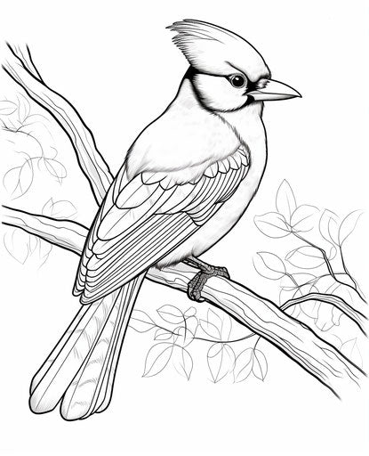 Blue jay coloring page, precisionist lines, solarization effect