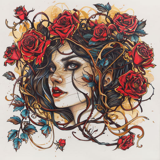 Vibrant tattoo sketch of Aphrodite surrounded by red roses and golden vines