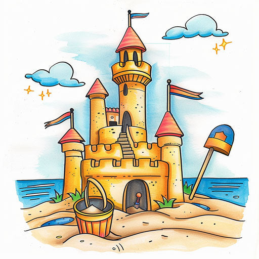 Playful tattoo sketch of a sandcastle on the beach