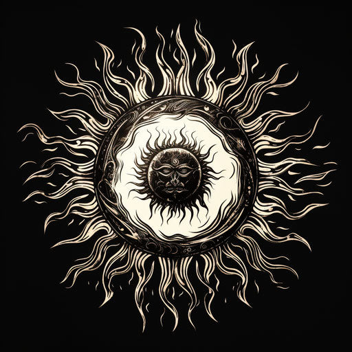 Fiery sun, black and white drawing, archaeological find