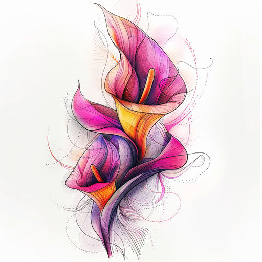 Flat tattoo sketch of vibrant pink calla lily