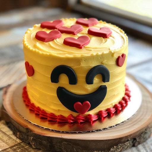 Yellow cake with red heart eyes and black mouth