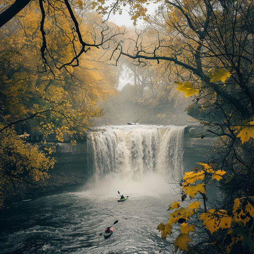 Minnehaha Falls, Minnesota, with kayakers navigating the river, in the style of Chris Burkard