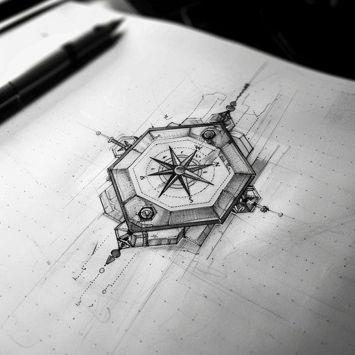 Classic flat tattoo sketch of a hexagon with a detailed compass design
