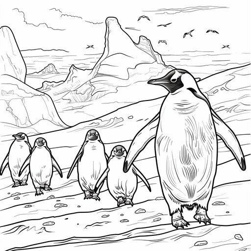 Family of penguins sliding on icy slopes in Antarctica