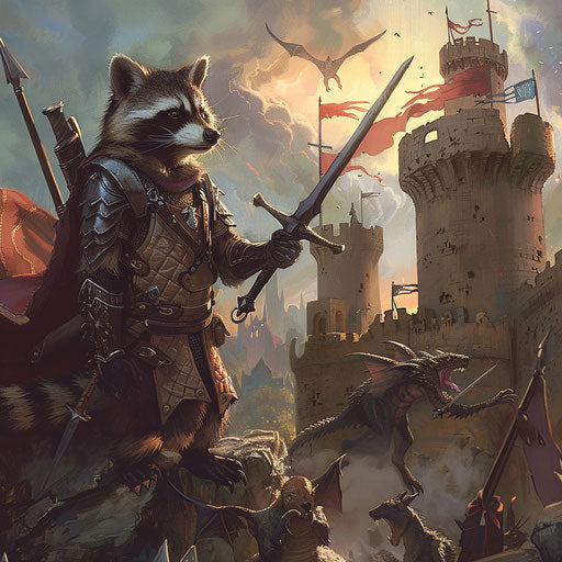 Raccoon knight defends medieval castle from dragons