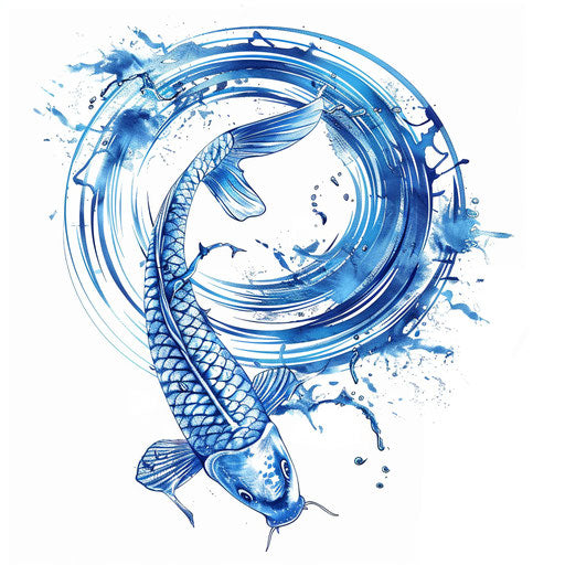 Fish (Ichthys) symbol with water ripple effect, blue and white tattoo design on white background